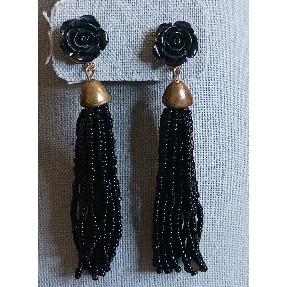Black Tassel Bohemian Earrings Rose Flower Post & Seed Bead Dangle Drop 3 inches